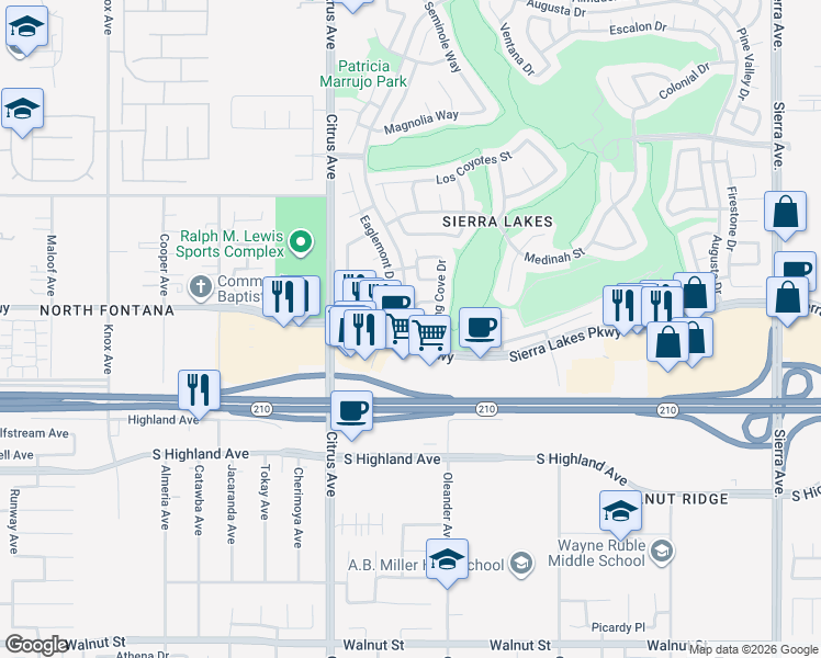 map of restaurants, bars, coffee shops, grocery stores, and more near 16247 Starfire Lane in Fontana