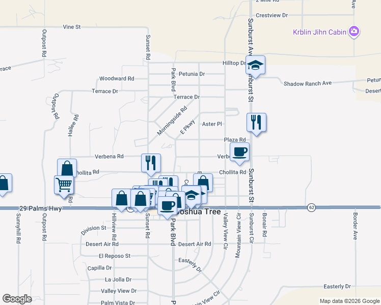 map of restaurants, bars, coffee shops, grocery stores, and more near 6320 El Reposo Street in Joshua Tree