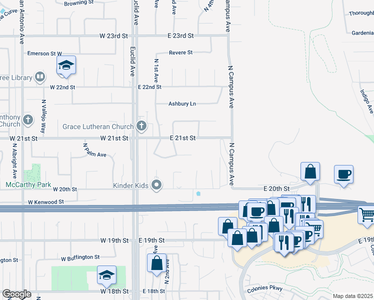 map of restaurants, bars, coffee shops, grocery stores, and more near 341 Lexington Street in Upland