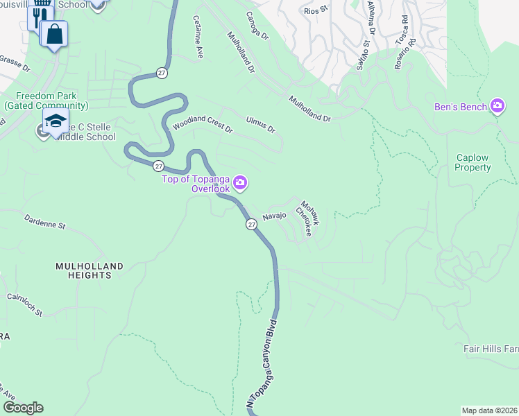 map of restaurants, bars, coffee shops, grocery stores, and more near 1302 Zuni in Topanga