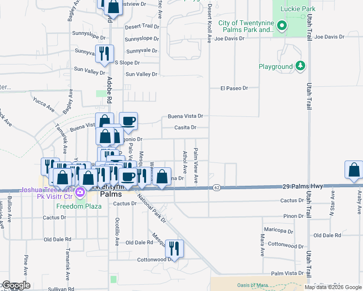map of restaurants, bars, coffee shops, grocery stores, and more near 6324 Athol Avenue in Twentynine Palms