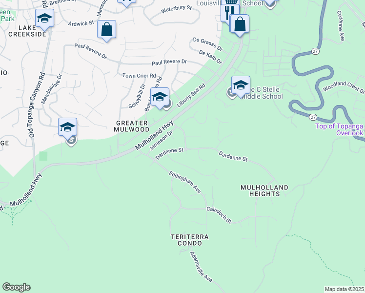 map of restaurants, bars, coffee shops, grocery stores, and more near 22505 Dardenne Street in Calabasas