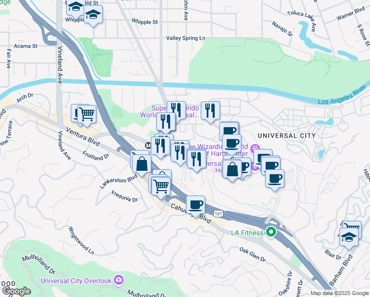 map of restaurants, bars, coffee shops, grocery stores, and more near 444 Universal Hollywood Drive in Los Angeles