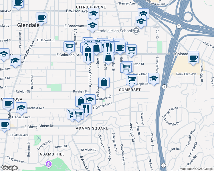 map of restaurants, bars, coffee shops, grocery stores, and more near 713 Porter Street in Glendale