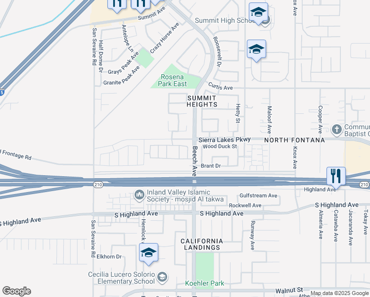 map of restaurants, bars, coffee shops, grocery stores, and more near 6340 Bluestone Way in Fontana