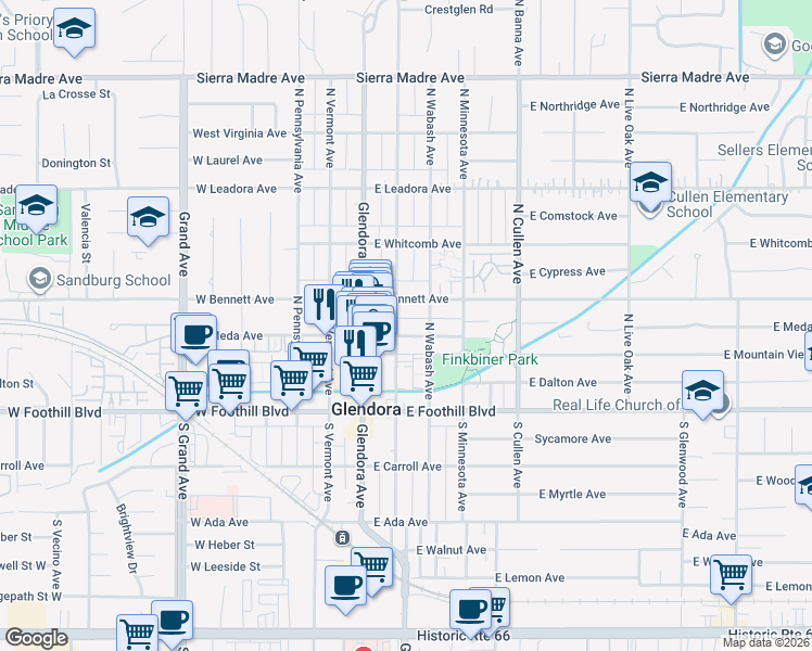 map of restaurants, bars, coffee shops, grocery stores, and more near 201 East Meda Avenue in Glendora