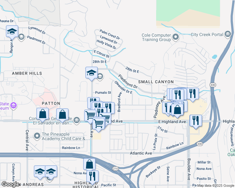 map of restaurants, bars, coffee shops, grocery stores, and more near 2492 Bradford Avenue in Highland