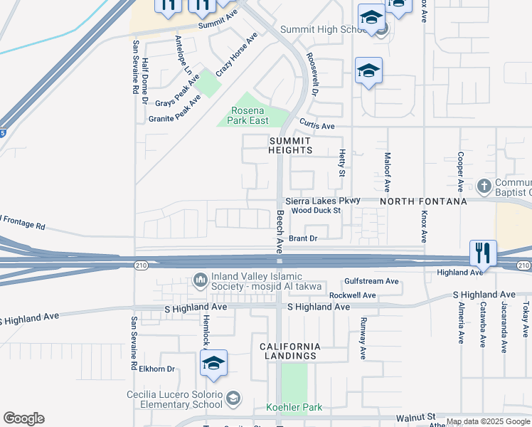 map of restaurants, bars, coffee shops, grocery stores, and more near 6340 Bluestone Way in Fontana