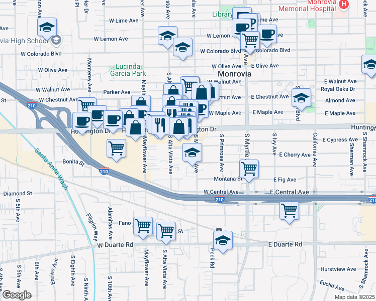 map of restaurants, bars, coffee shops, grocery stores, and more near 1214 South Alta Vista Avenue in Monrovia