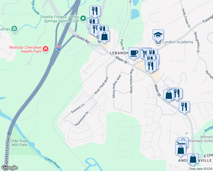 map of restaurants, bars, coffee shops, grocery stores, and more near 177 Misty Hollow Way in Woodstock
