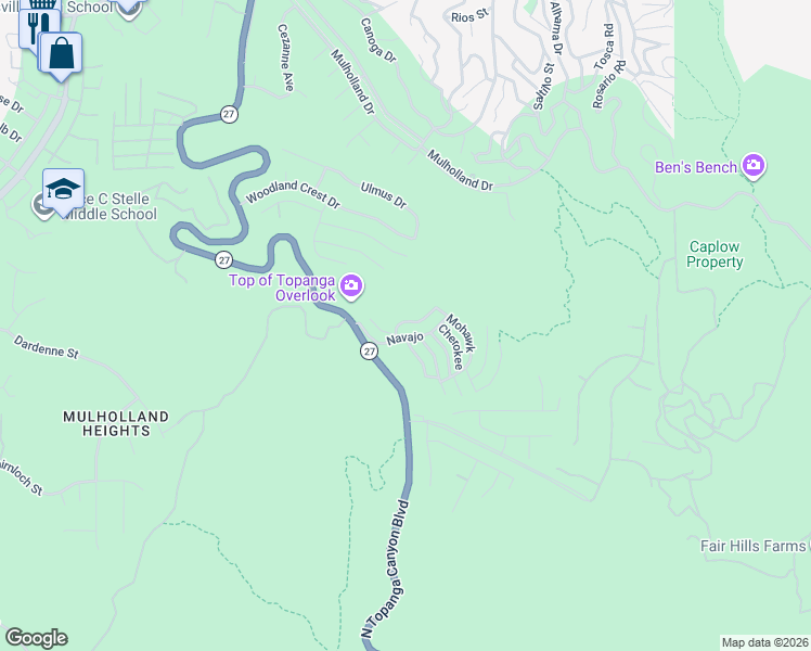map of restaurants, bars, coffee shops, grocery stores, and more near 102 Pawnee in Los Angeles County