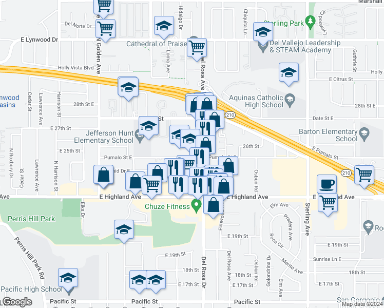 map of restaurants, bars, coffee shops, grocery stores, and more near 1578 Pumalo Street in San Bernardino