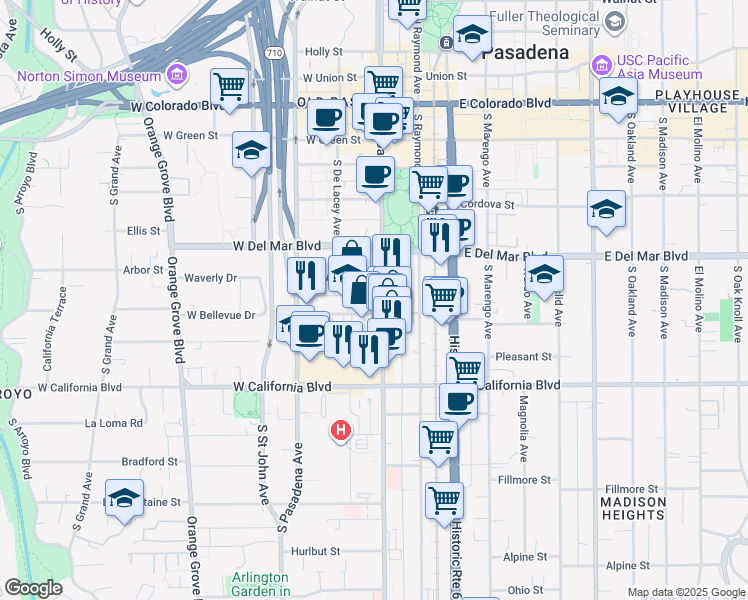 map of restaurants, bars, coffee shops, grocery stores, and more near in Pasadena