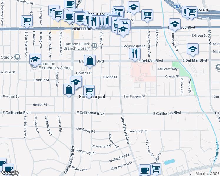 map of restaurants, bars, coffee shops, grocery stores, and more near 2626 Topsfield Street in Pasadena