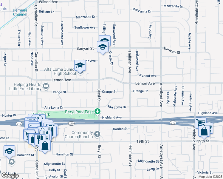map of restaurants, bars, coffee shops, grocery stores, and more near 9163 Orange Street in Rancho Cucamonga