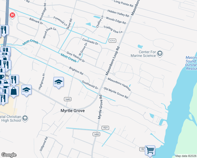 map of restaurants, bars, coffee shops, grocery stores, and more near 5326 Masonboro Loop Road in Wilmington