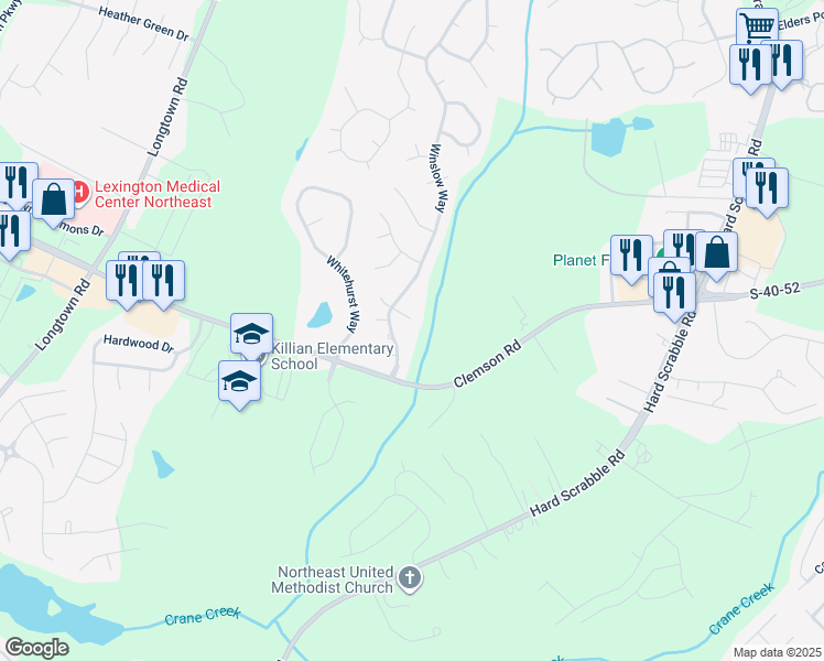 map of restaurants, bars, coffee shops, grocery stores, and more near 206 Whitfield Court in Columbia