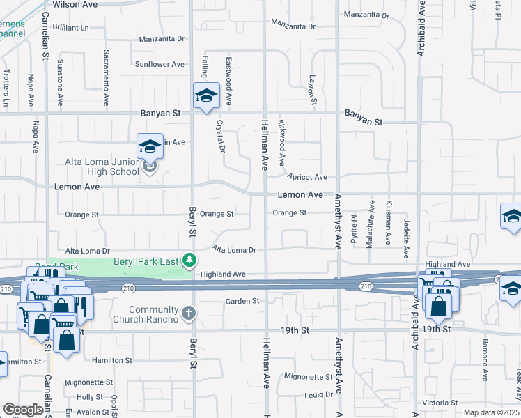 map of restaurants, bars, coffee shops, grocery stores, and more near 6366 Hellman Avenue in Rancho Cucamonga