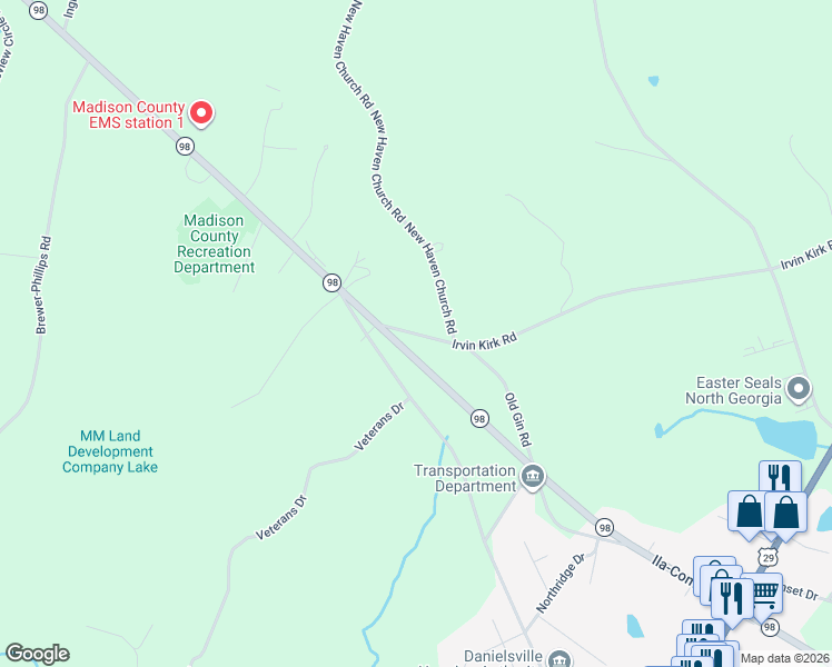 map of restaurants, bars, coffee shops, grocery stores, and more near 44 Irvin Kirk Road in Danielsville