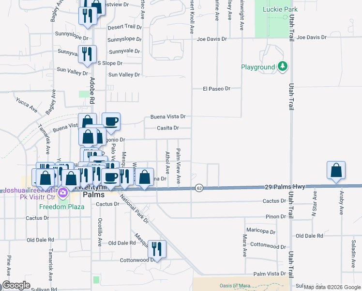 map of restaurants, bars, coffee shops, grocery stores, and more near 6325 Palm View Avenue in Twentynine Palms