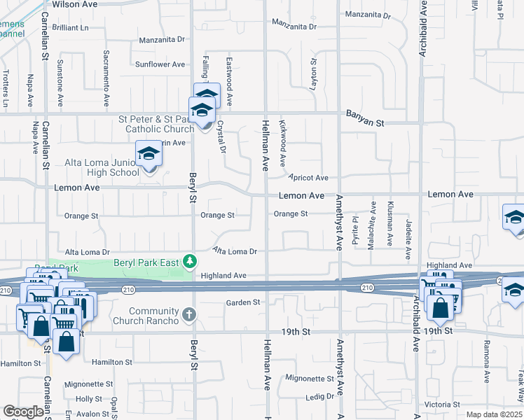 map of restaurants, bars, coffee shops, grocery stores, and more near 6366 Hellman Avenue in Rancho Cucamonga