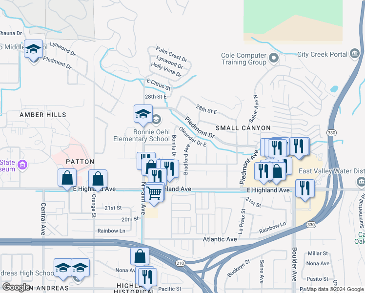 map of restaurants, bars, coffee shops, grocery stores, and more near 2492 Bradford Avenue in Highland