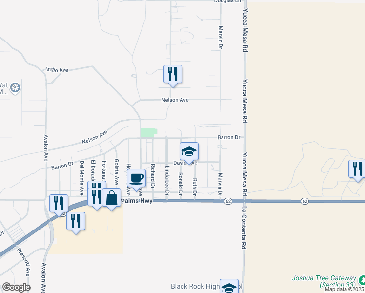 map of restaurants, bars, coffee shops, grocery stores, and more near Ronald Drive in Yucca Valley