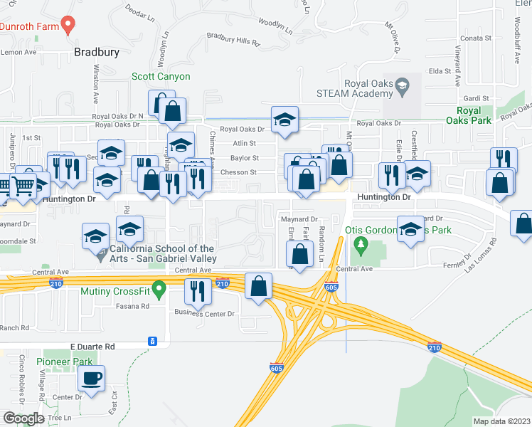 map of restaurants, bars, coffee shops, grocery stores, and more near 1232 Amberwood Drive in Duarte