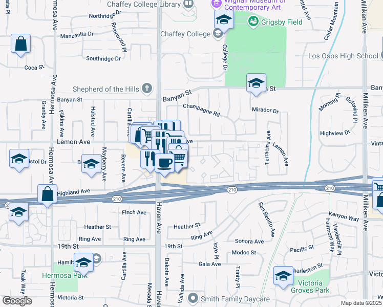 map of restaurants, bars, coffee shops, grocery stores, and more near 20655 Lemon Avenue in Rancho Cucamonga