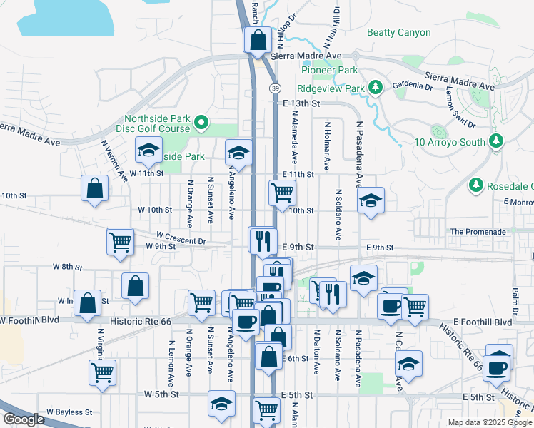 map of restaurants, bars, coffee shops, grocery stores, and more near 942 North Azusa Avenue in Azusa