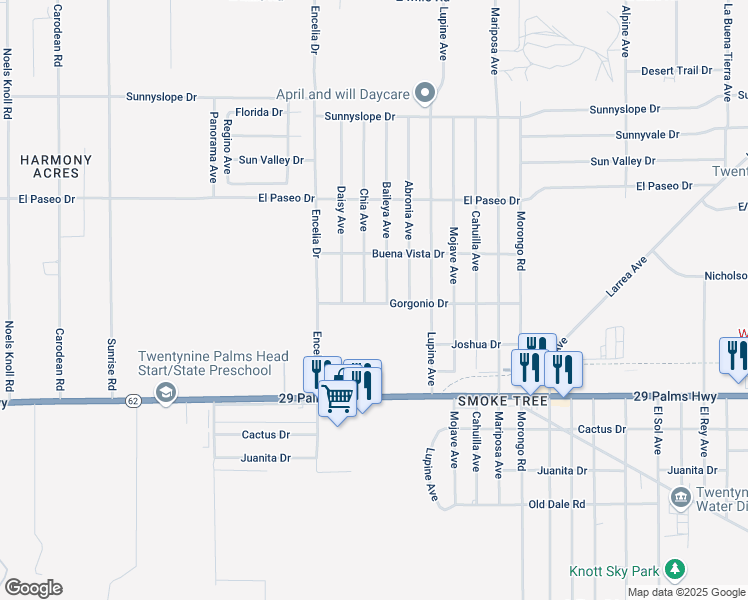 map of restaurants, bars, coffee shops, grocery stores, and more near 6295 Chia Avenue in Twentynine Palms