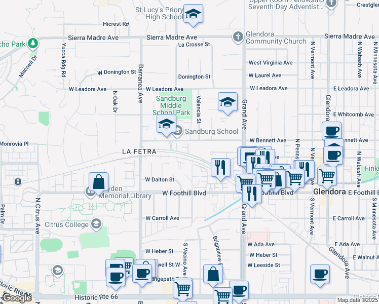 map of restaurants, bars, coffee shops, grocery stores, and more near 701 Park View Terrace in Glendora