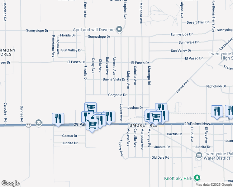 map of restaurants, bars, coffee shops, grocery stores, and more near 71904 Gorgonio Drive in Twentynine Palms
