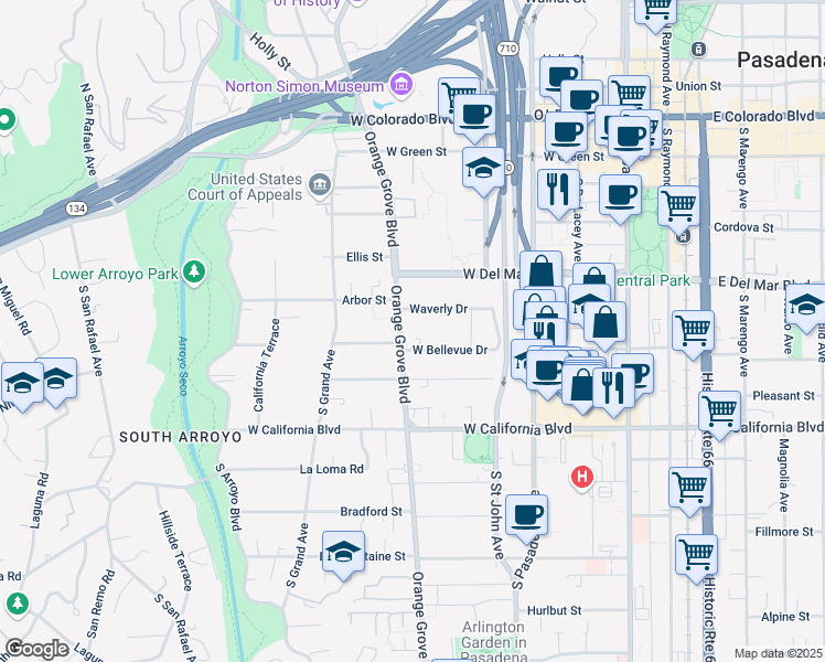 map of restaurants, bars, coffee shops, grocery stores, and more near 408 Orange Grove Boulevard in Pasadena