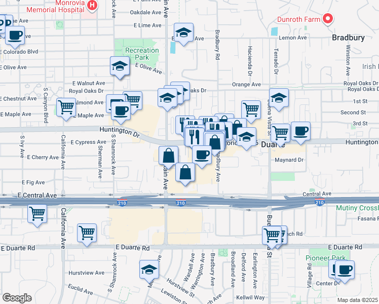map of restaurants, bars, coffee shops, grocery stores, and more near 1200 Oliva Court in Duarte