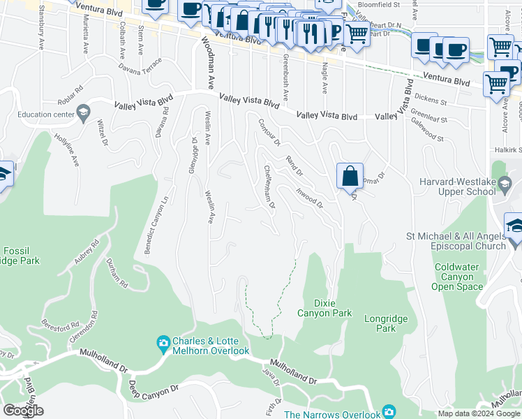 map of restaurants, bars, coffee shops, grocery stores, and more near 3721 Ventura Canyon Avenue in Los Angeles