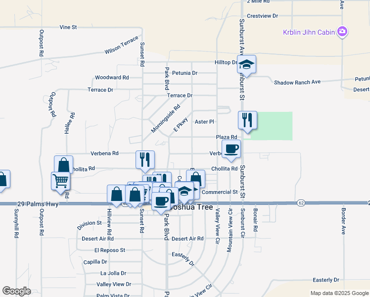 map of restaurants, bars, coffee shops, grocery stores, and more near 6320 El Reposo Street in Joshua Tree