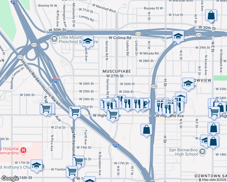 map of restaurants, bars, coffee shops, grocery stores, and more near 1097 West 25th Street in San Bernardino