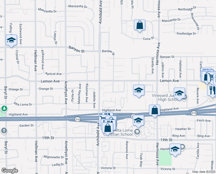 map of restaurants, bars, coffee shops, grocery stores, and more near 9736 Vía Esperanza in Rancho Cucamonga