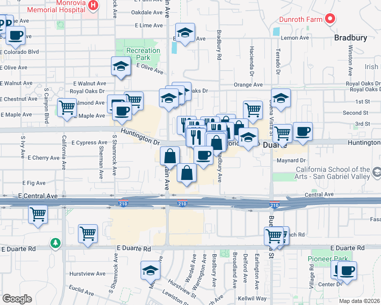 map of restaurants, bars, coffee shops, grocery stores, and more near 1026 Huntington Drive in Duarte