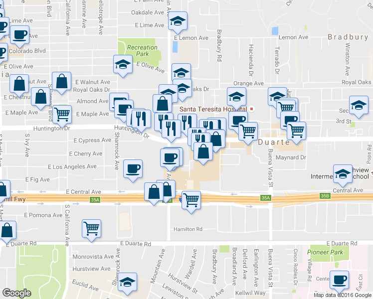 map of restaurants, bars, coffee shops, grocery stores, and more near 1304 Mountain Avenue in Duarte