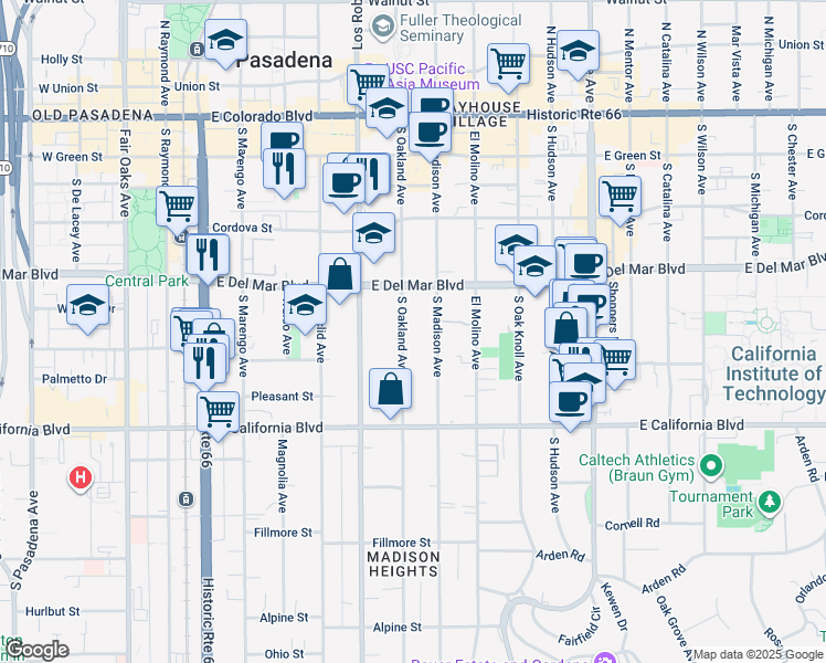 map of restaurants, bars, coffee shops, grocery stores, and more near 425 South Oakland Avenue in Pasadena