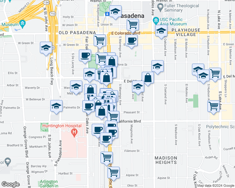 map of restaurants, bars, coffee shops, grocery stores, and more near 427 South Marengo Avenue in Pasadena