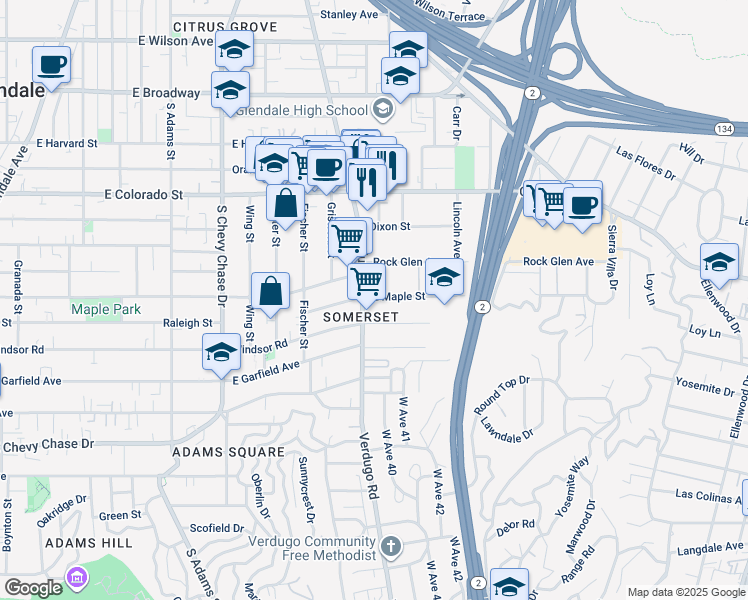 map of restaurants, bars, coffee shops, grocery stores, and more near in Glendale
