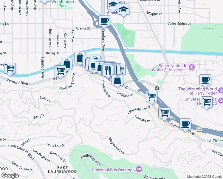 map of restaurants, bars, coffee shops, grocery stores, and more near 3854 Vineland Avenue in Los Angeles