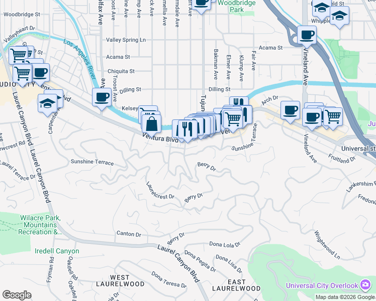 map of restaurants, bars, coffee shops, grocery stores, and more near 11438 Sunshine Terrace in Los Angeles