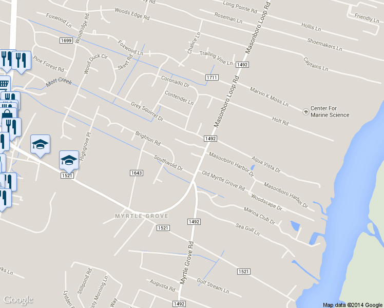 map of restaurants, bars, coffee shops, grocery stores, and more near 5326 Masonboro Loop Road in Wilmington