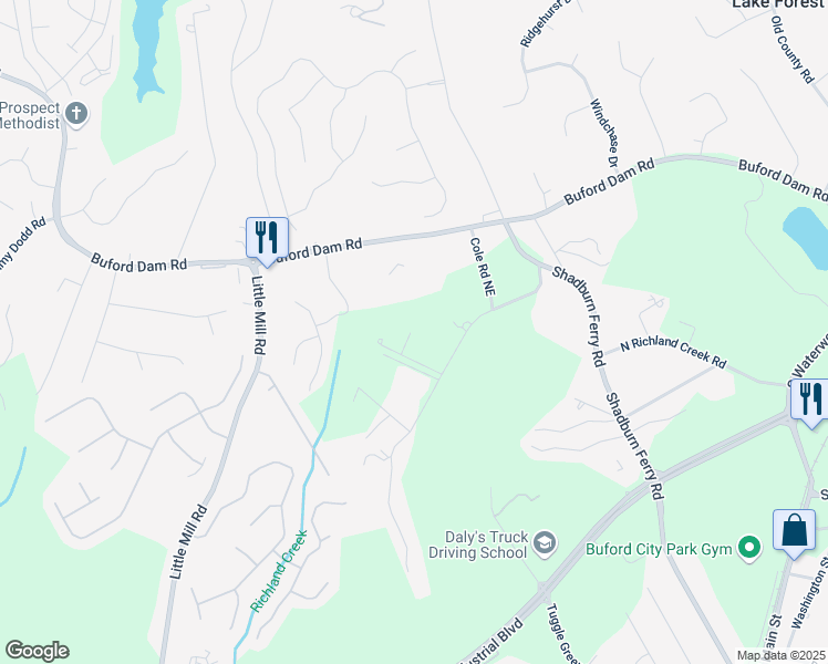 map of restaurants, bars, coffee shops, grocery stores, and more near 2242 Shoal Creek Road in Buford