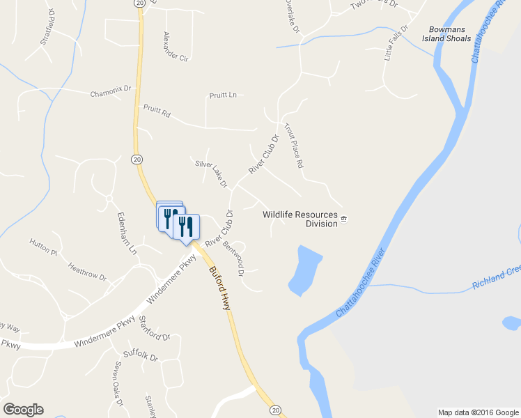 map of restaurants, bars, coffee shops, grocery stores, and more near 3510 Woodbury Creek Drive in Cumming