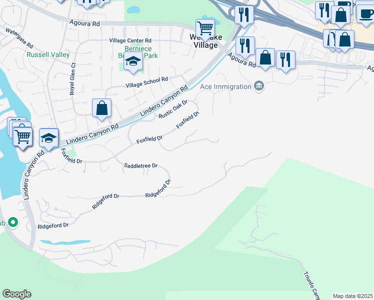 map of restaurants, bars, coffee shops, grocery stores, and more near 31510 Germaine Lane in Westlake Village